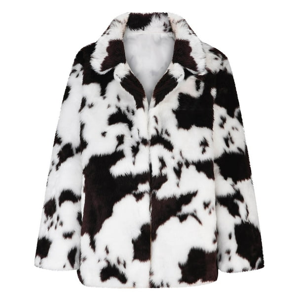Meichang Fleece Jacket Women Plus Size Cow Print Faux Fur Coat