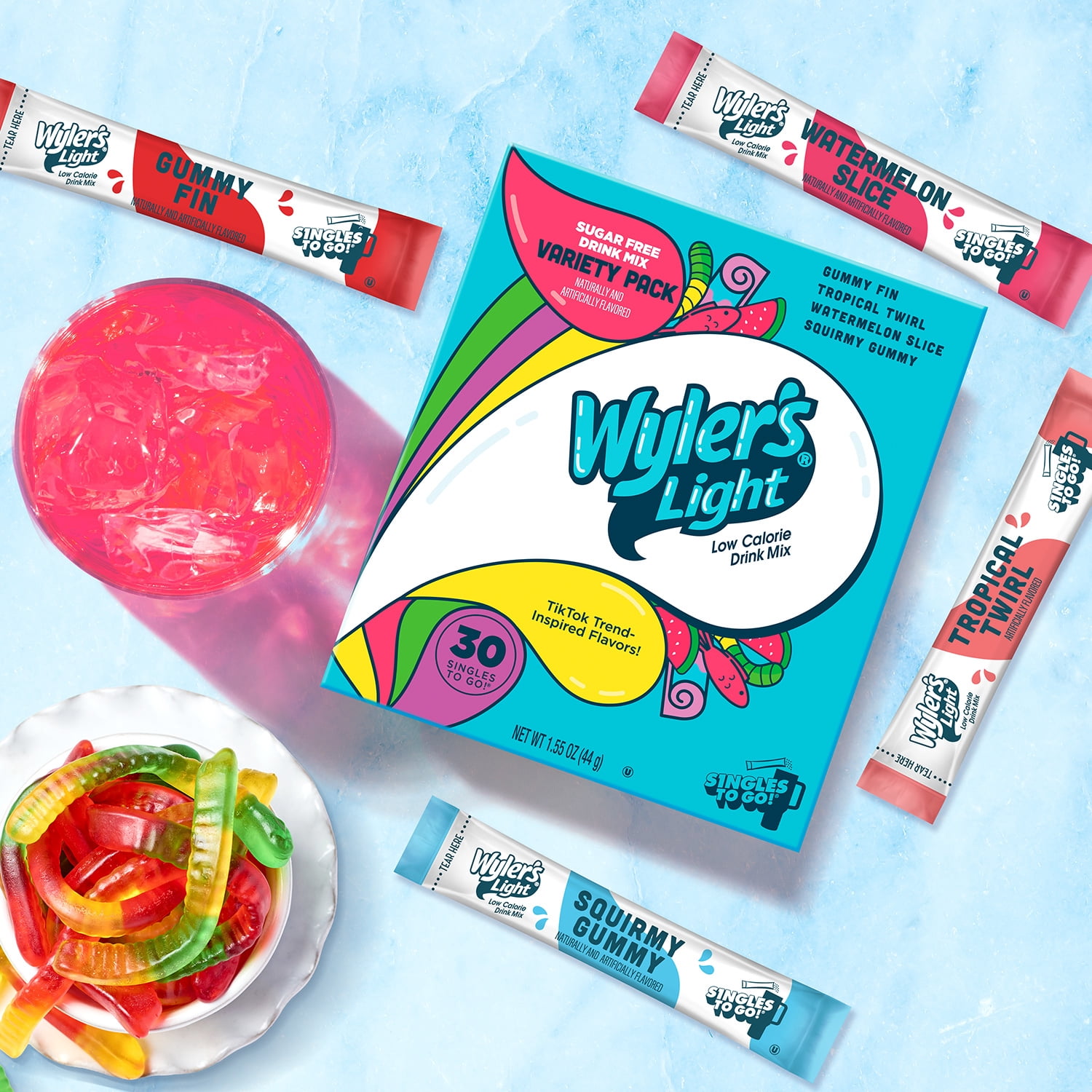 Wyler's Light WaterTok Singles to Go Powdered Drink Mix, Gummy Variety Pack, 30 Count