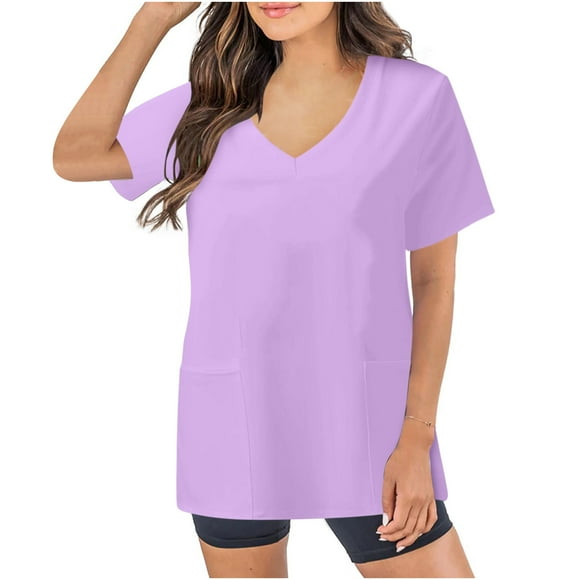 Xysaqa Scrub Top for Women Loose Fitted Short Sleeve V-Neck Workwear with Pockets S-XXL