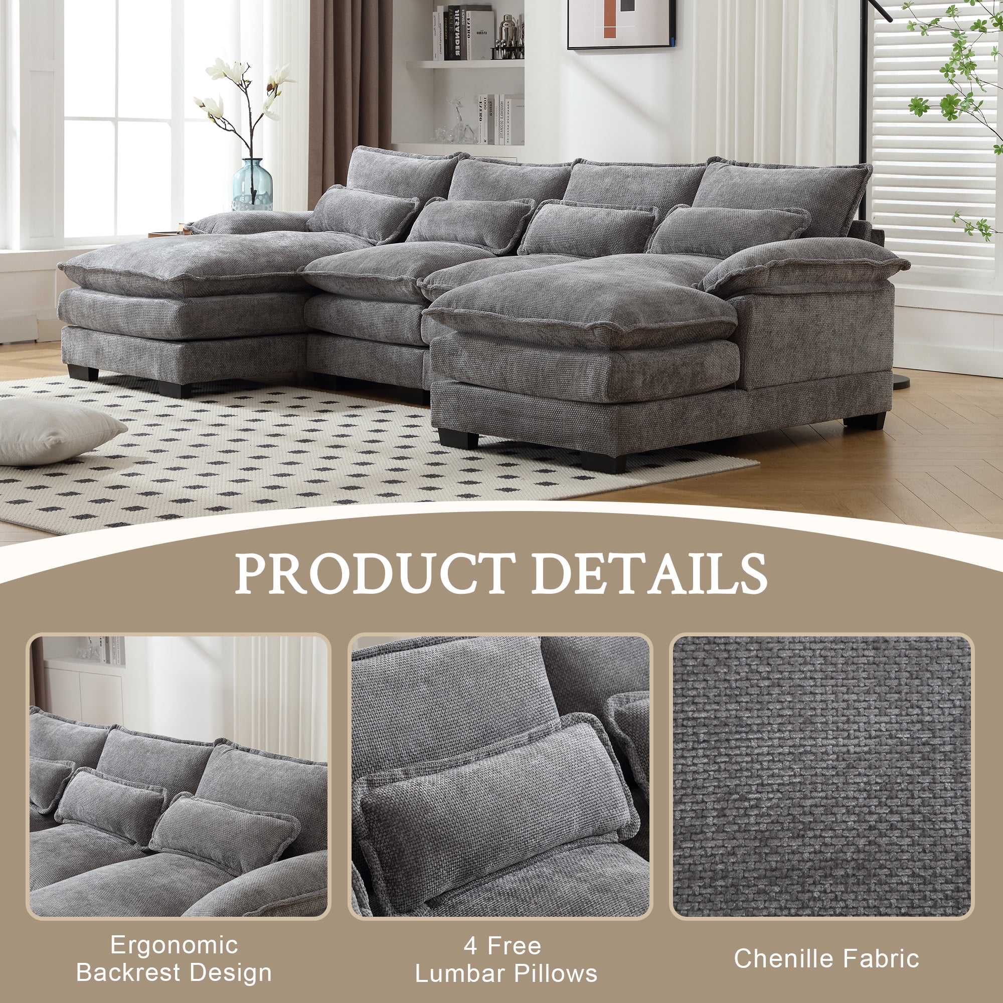 MOONMISS Chenille Upholstered U-Shaped Oversized four-seater Living Room Sectional Sofa With Wooden Frame-Light Gray