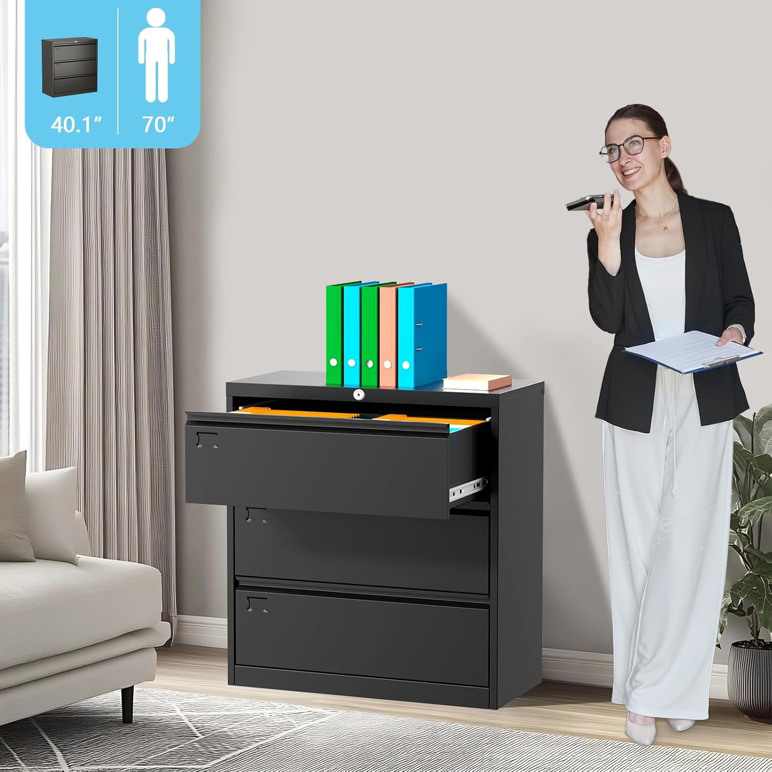 3 Drawer Lateral File Cabinet,Heavy Duty Lockable Filing Cabinet, Large Metal Storage File Cabinet for for Letter, Legal, A4 Files, Black