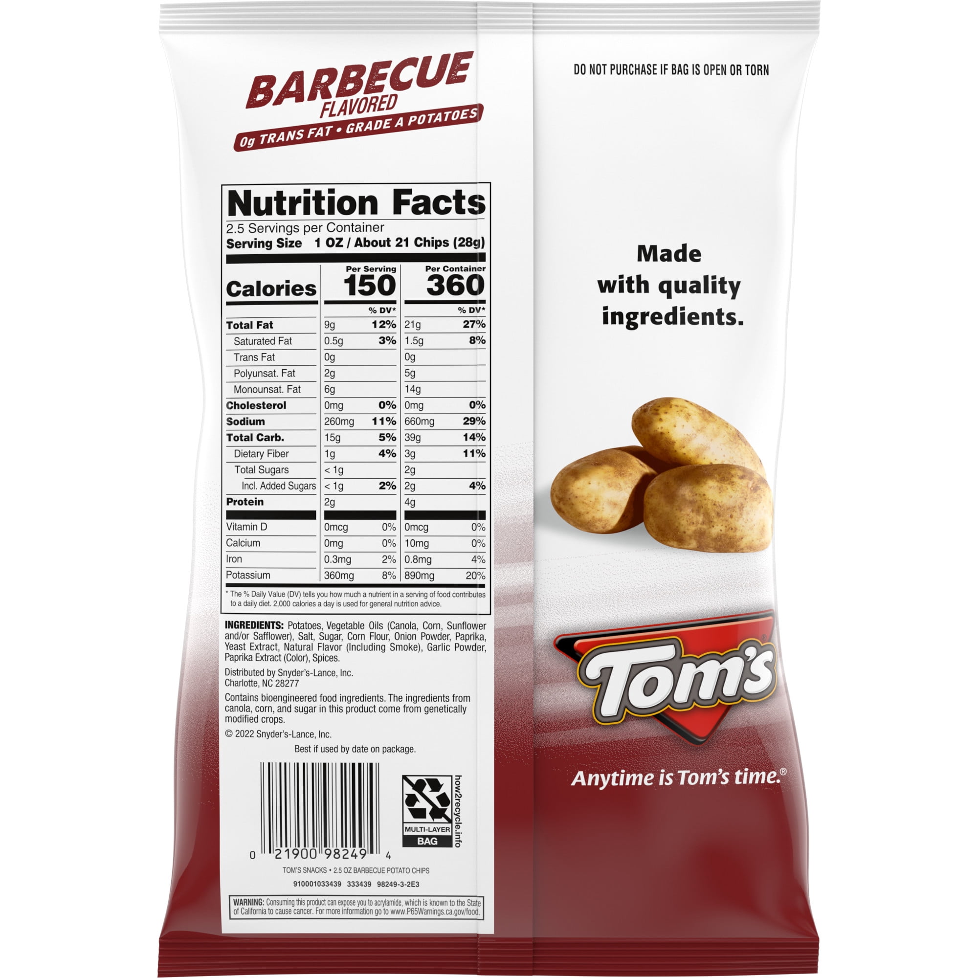 Tom's Potato Chips, Barbecue Chips, 2.5 oz Snack Bag
