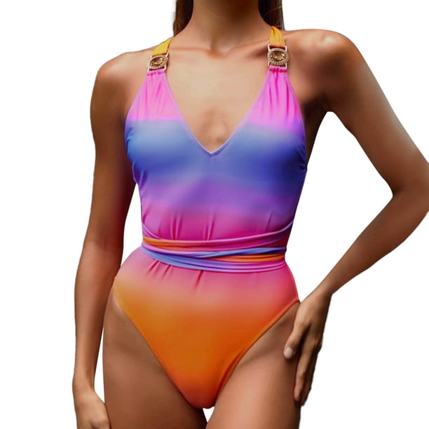 Gibobby Trajes de Baño para Mujer Mujeres Tie Dye Halter Body Ropa de verano Ropa de playa sexy Traje de baño para mujer(Morado,G)