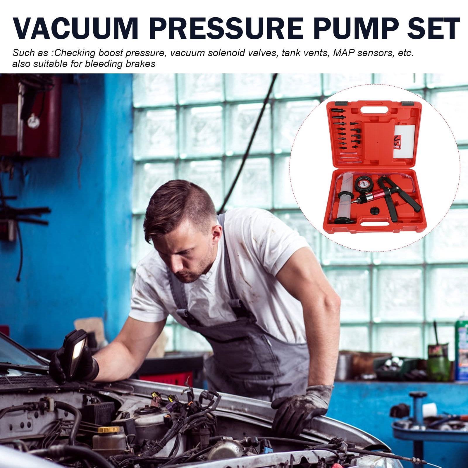 Handheld Vacuum Pump Tester Brake Bleeder Kit Brake System Bleeding Tools with Adapters and 2 Reservoir Bottles Automotive Brake for Car Truck Motorcycle