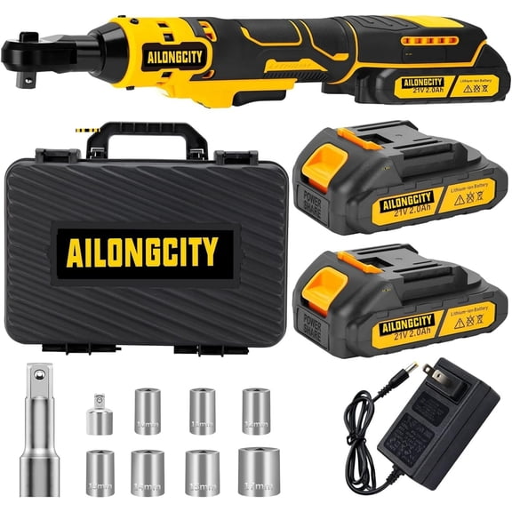 21V Cordless Ratchet Wrench 3/8" Set, 45 Ft-lbs 400 RPM Cordless Ratchet, Power Electric Ratchet Driver with 2 x 2.0Ah Batteries, 7 Sockets, 1/4" Adapter, 3" Extension Bar