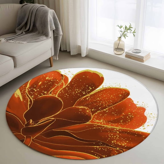 Round Area Rug 3 Ft, Burnt Orange Washable Non-Slip Circle Carpet for Living Room/Bedroom, Sparkle Gold Stained Floral Flower Art Low-Profile Small Floor Mats Collection Rugs for Indoor