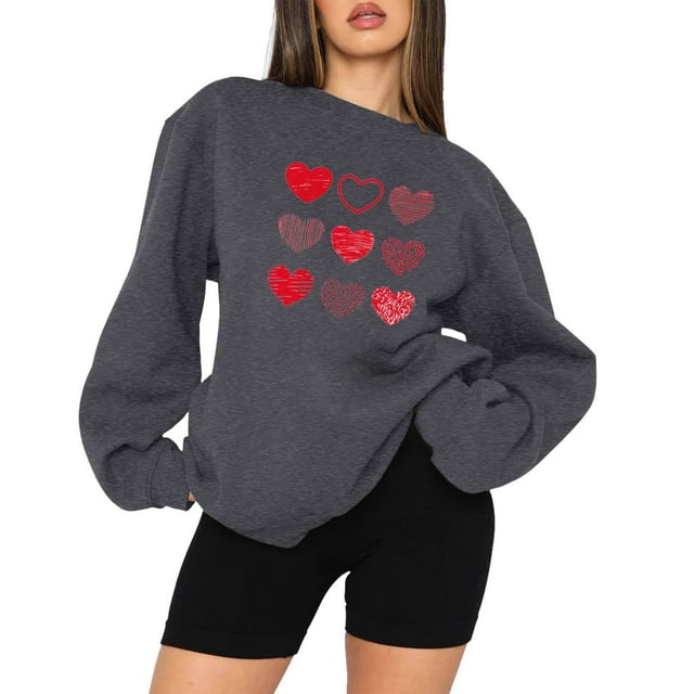 Qertyioot Chemise Cœur d'Amour Pull de la Saint-Valentin, Femmes Manches Longues Col Rond Hauts Blouse Ample Imprimé Graphique Sueur
