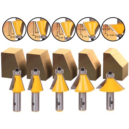 

Yonico 5 Bit Chamfer Router Bit Set 11.25° 15° 22.5° 30° 45° - 1/2 Shank 13508