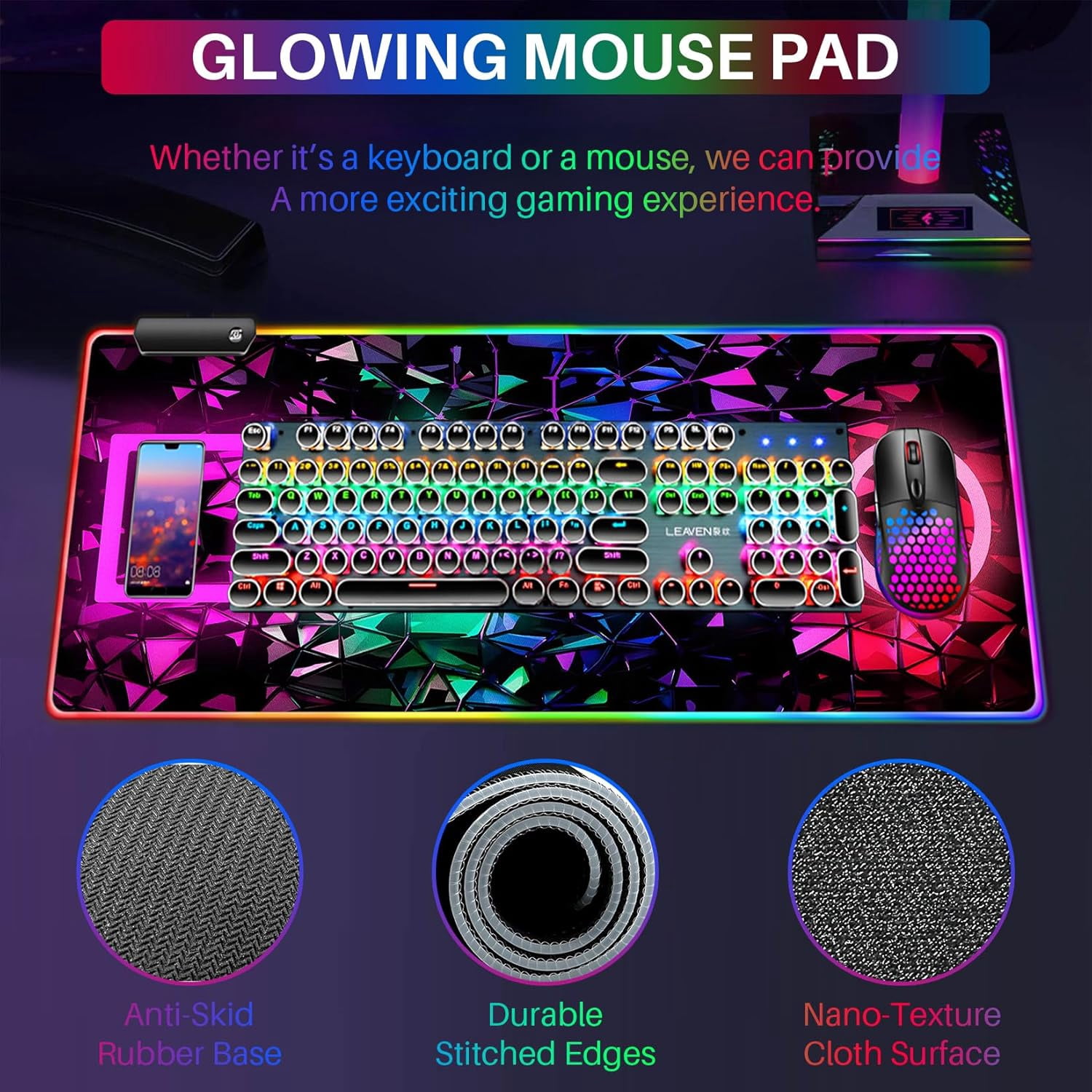 XL Led Gaming Mouse Pad with 14 Light Modes - Light Up Gamer Mouse Pad,31.5 x 11.8in Non-Slip Gamepad Style RGB Large Gamer Mousepad,Black Long Glowing Gaming Accessories for Desk,Waterproof