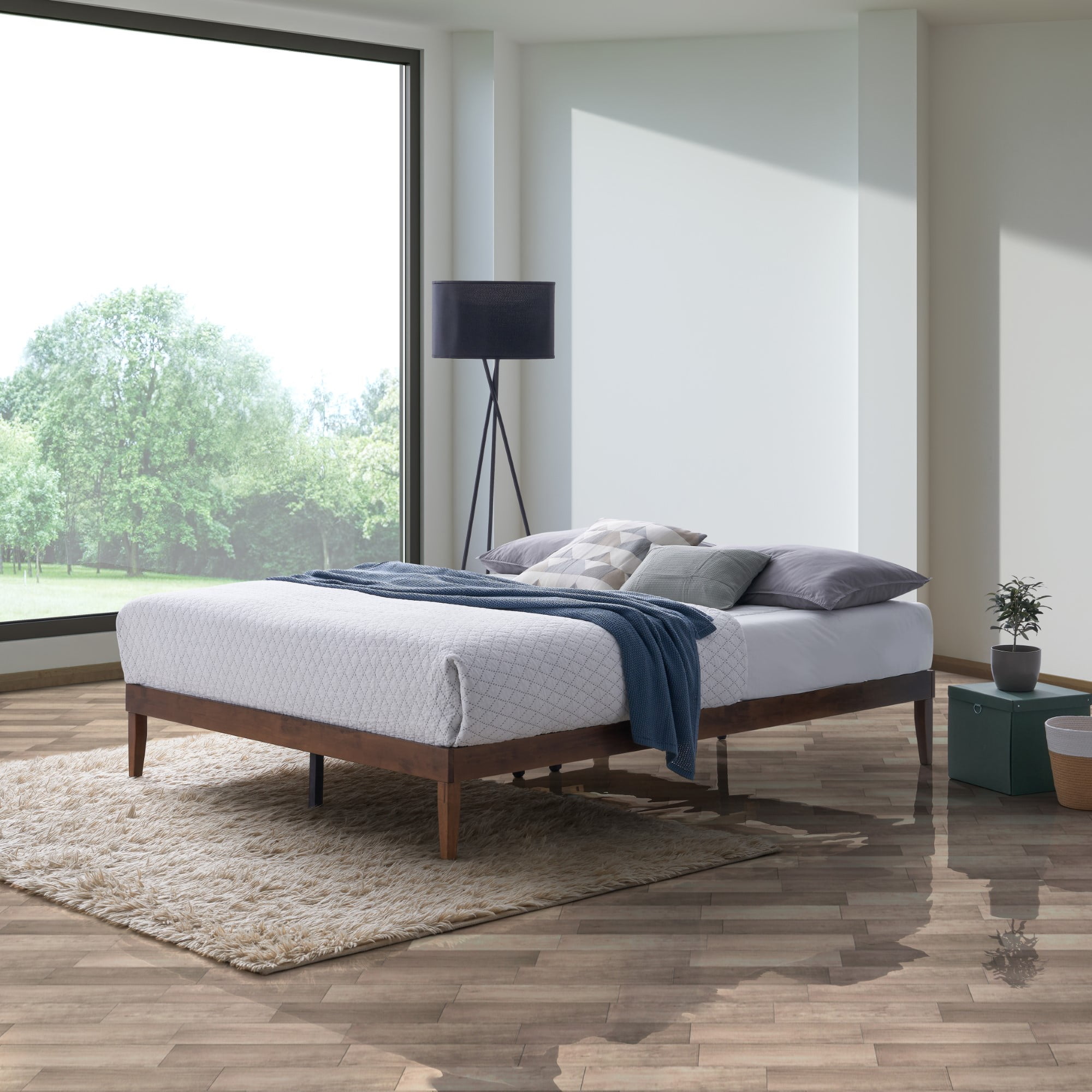 Home Design Zion Twin Solid Wood Platform Bed Frame with Slatted Wood Kit and Center Support, Brown, Easy Assembly