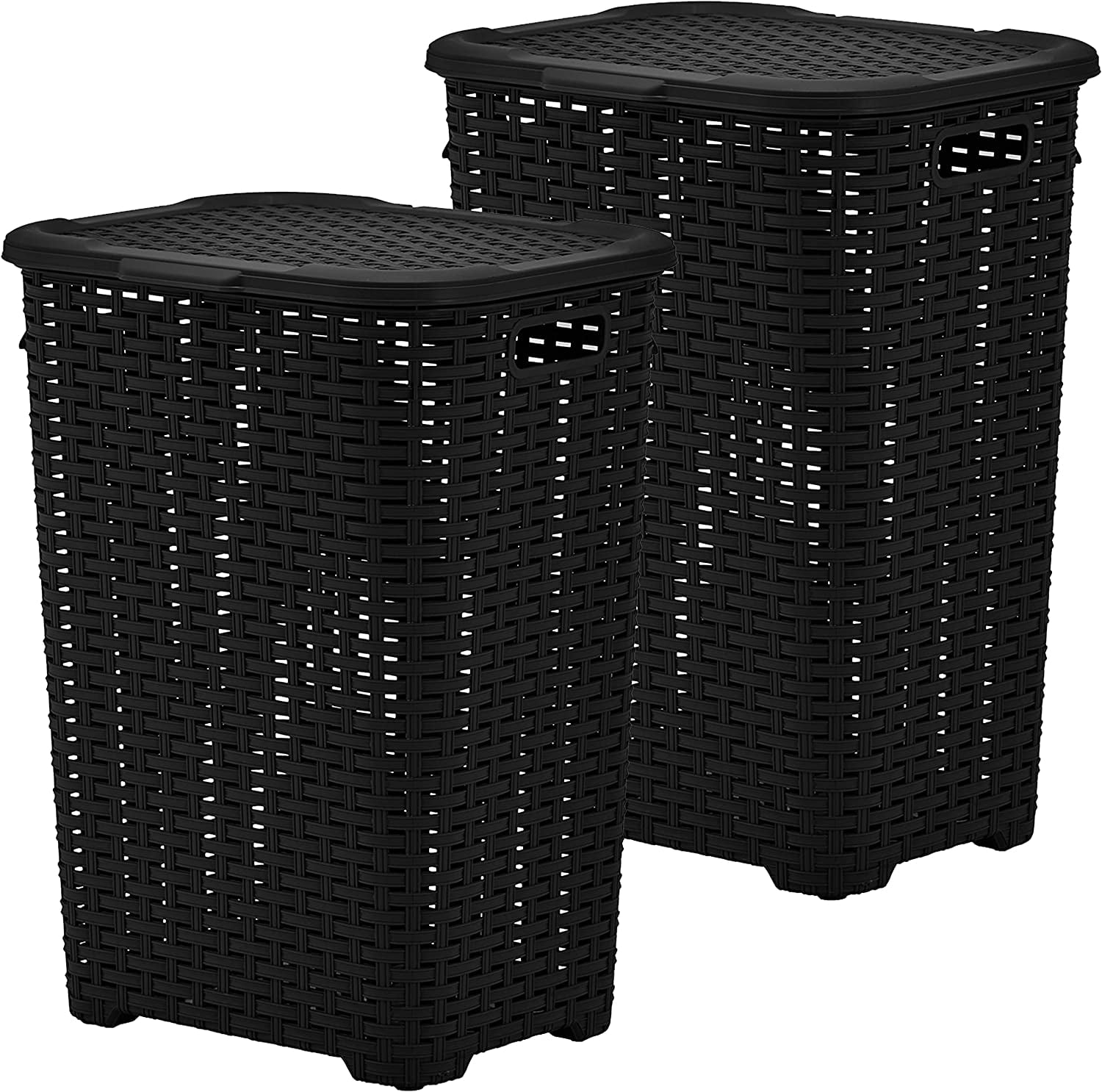 Superio 60L Large Wicker Plastic Laundry Hamper with Lid Black (2 Pack)