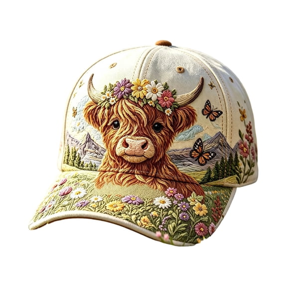 Lypsnake 2026 Garden Morning Baseball Cap - Highland Cow Wildflower Landscape Embroidered,Pink Cotton Curved Bill Cap With Adjustable Strap Head Accessory For Walking Daily Casual Wear
