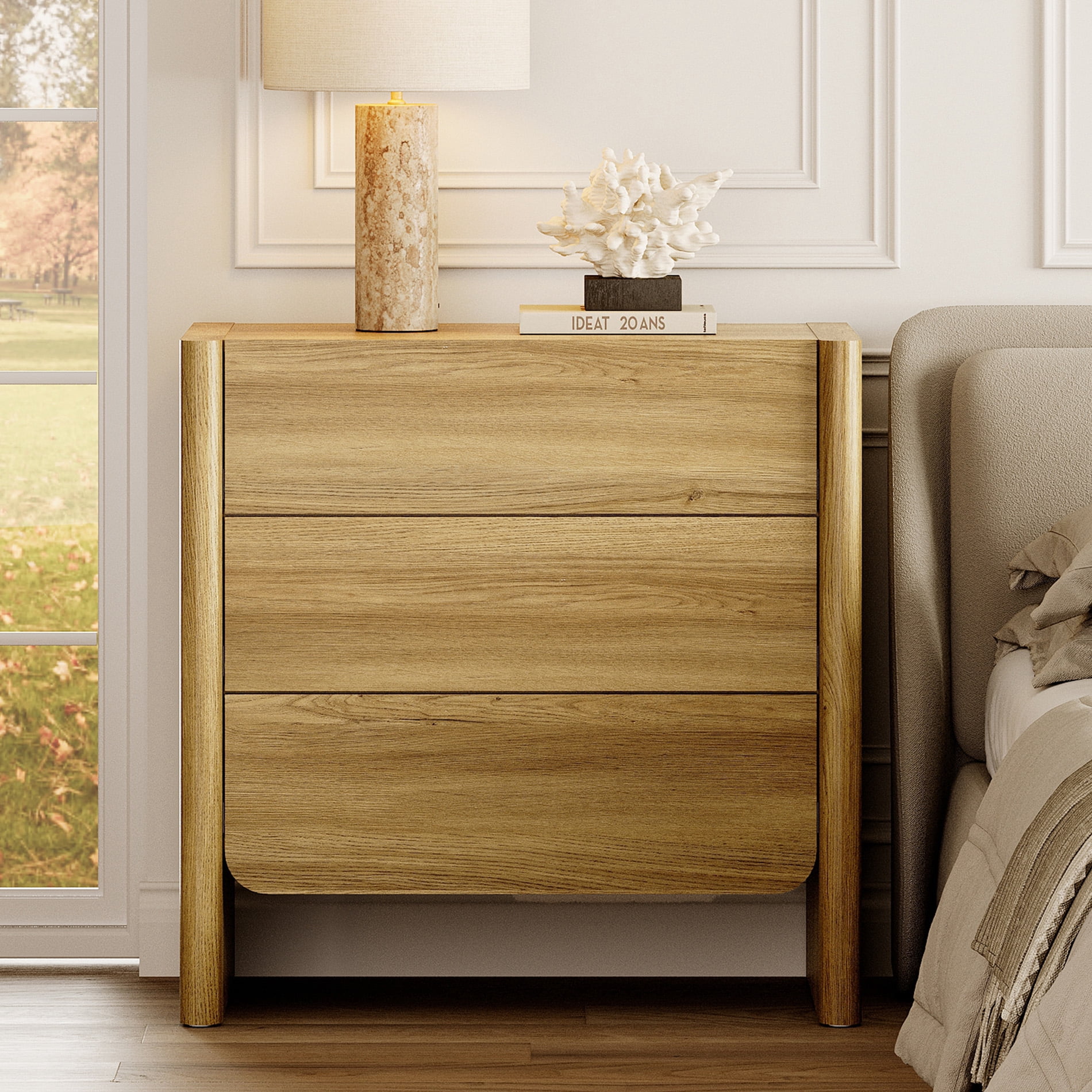 Modern French TV Stand, 31.5-Inch Media Console with 3 Push-to-Open Drawers, Supports TVs up to 36 Inches, Walnut