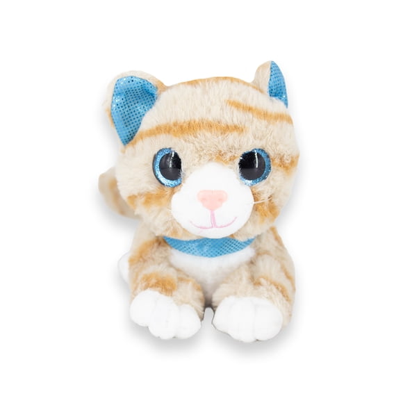 Gatito De Peluche Acostado Color Beige Con Correa y Orejas Azules.
