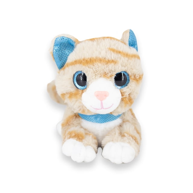 Gatito De Peluche Acostado Color Beige Con Correa y Orejas Azules.