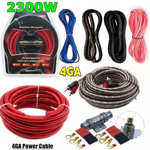 2300W Automotive Audio Cable Kit - 4 Specifications (10/8/6/4GA), Heat-Resistant Durable RCA Subwoofer Bass Line, In-Line AGU Fuse Holder, Amplifier Mounting Sleeve Cable (No Battery Included)