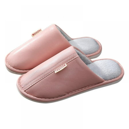 

PU Leather Slippers Men Couple Simple Fur Wood Flooring Home Autumn And Winter Non-slip Waterproof Confinement Cotton Slippers Women