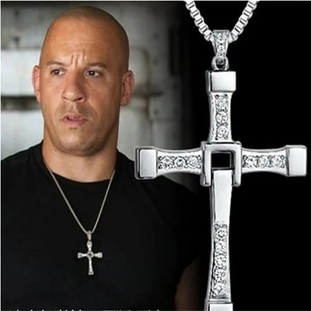 RTFFFDDA Fast And Furious 8 Necklace Religious Crystal Cross Pendant Necklaces Dominic Toretto Movie 14K White Gold Jewelry For Men Gift