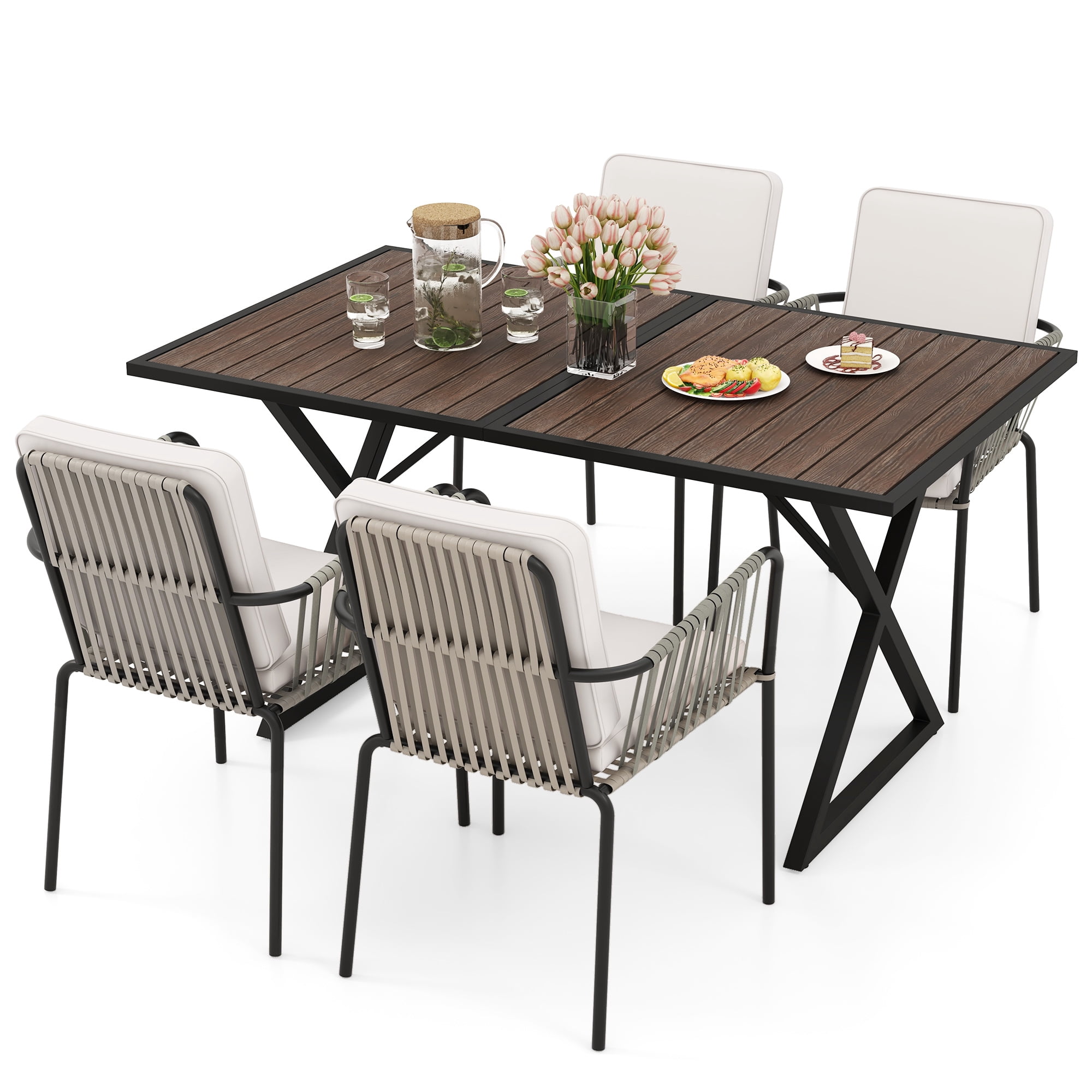 Uforic 5 Piece Patio Dining Set,All-Weather Comfortable 4 Rope and Rattan Chairs with Faux Wood Tabletop Table for Courtyard Backyard Poolside Balcony, Brown & Gray