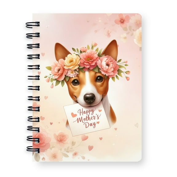 Happy Mother's Day Basenji with Flower Crown and Greeting Card Spiral Bound Journal African Barkless Dog Lover 5x7in Spiral Notebook - 13004