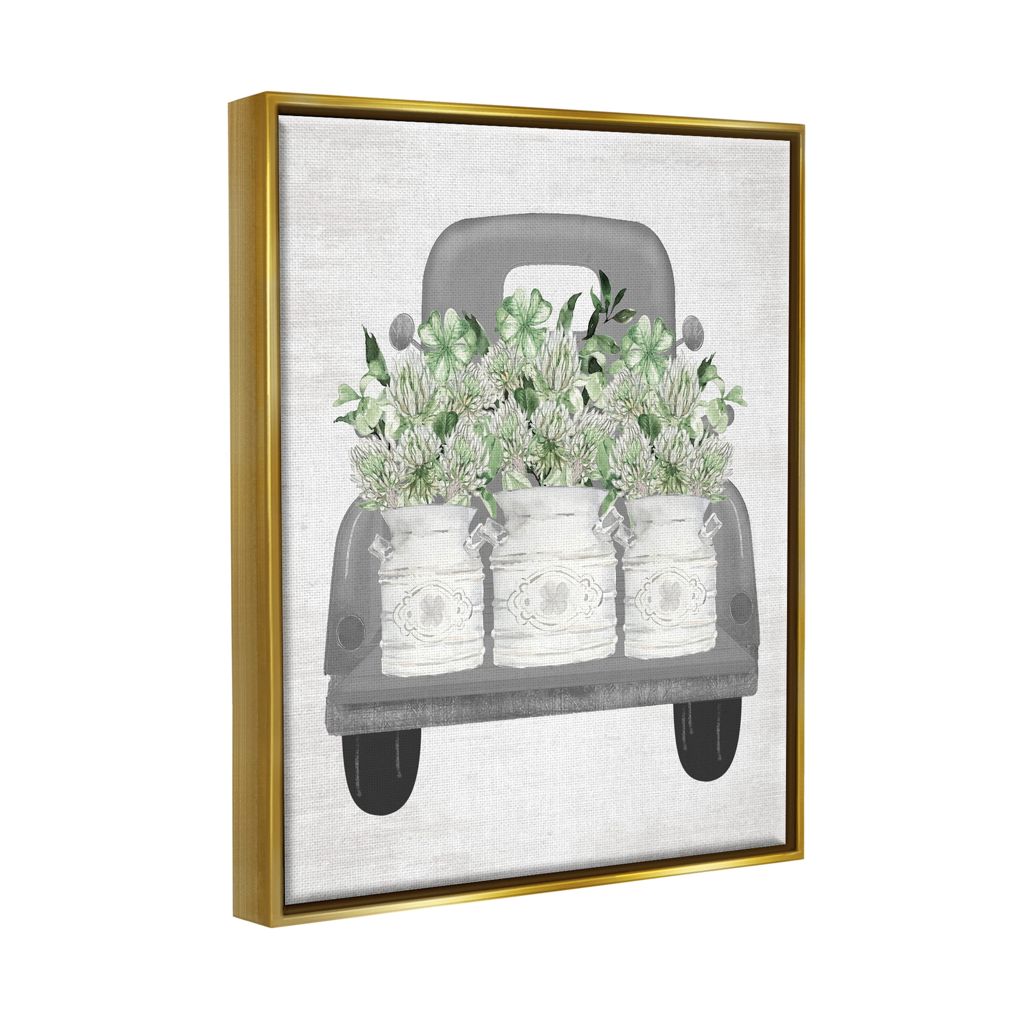 Stupell Industries Pickup Truck with Greenery Botanical & Floral Painting Gold Floater Framed Canvas Art Print Wall Art, 25 x 31