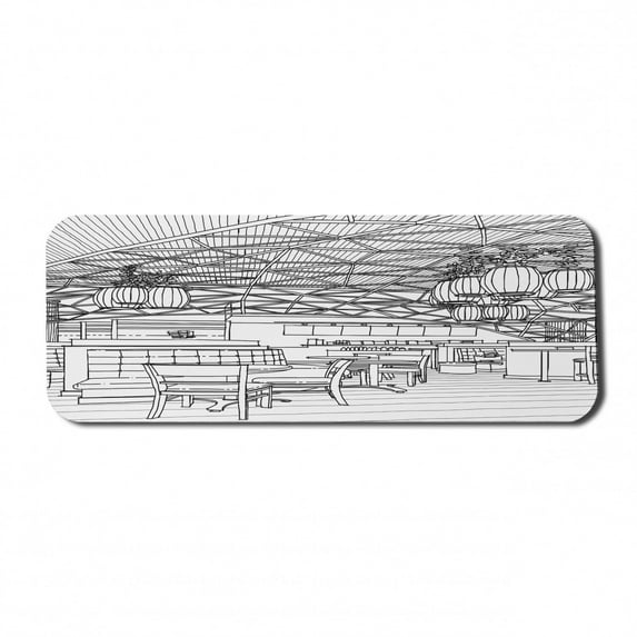 Modern Computer Mouse Pad, Restaurant Cafe Bar Themed Outline Detailed Sketch Scene Art Design Tables Chairs, Rectangle Non-Slip Rubber Mousepad Large, 31" x 12", Black White, by Ambesonne