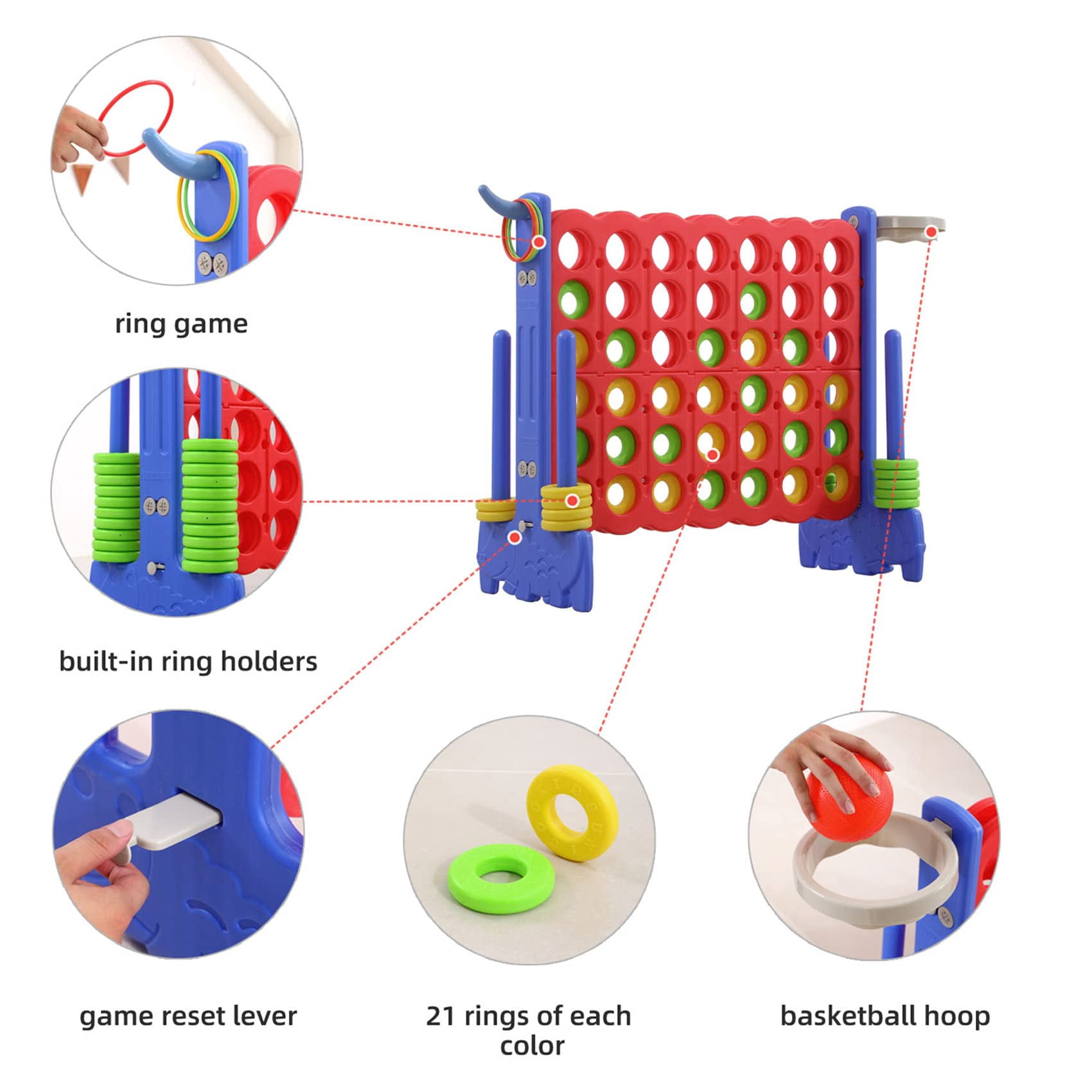 UNICOO® 3-in-1 Giant 4 in A Row Game, Featuring Basketball Hoop, Ring Toss Game & 4-to-Score Game. Perfect for Kids & Adults, Parties & Gatherings with Carrying Bag (Red + Blue)