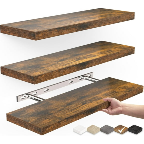 Floating Shelves for Wall, Wall Mounted Rustic Wood Shelves for Bathroom, Bedroom, Living Room, Kitchen, Hanging Shelf for Books/Storage/Room Decor with 22lbs Capacity (Black, Set of 3, 15.7in)