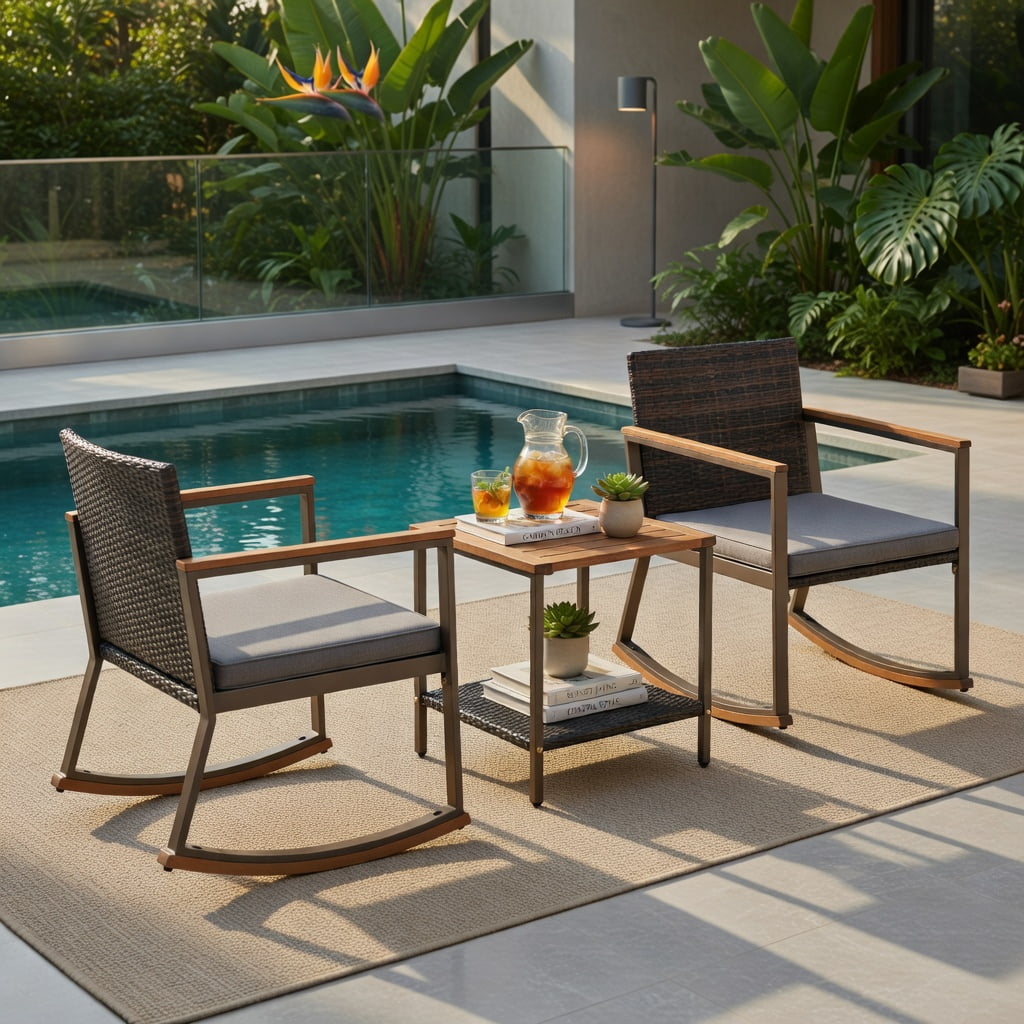 Hommoo 3-Piece Outdoor Rattan Rocking Bistro Set, Cushions, Acacia Wood Coffee Table, PE Rattan Chairs with Ergonomic Design, Gray