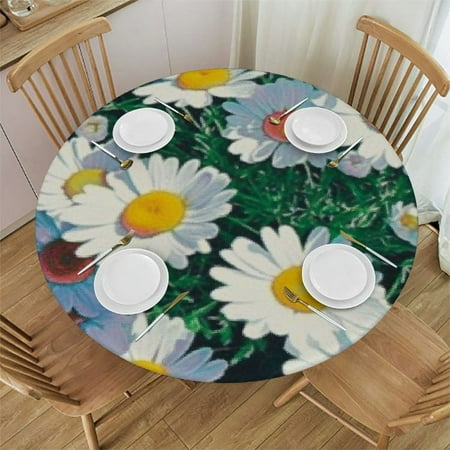 

BANET Round Fitted Tablecloths White Daisy Floral Elastic Edge Home Decor Washable Polyester Tablecloths for Living Room Dining Room Use Fits Round Tablecloth 42 -46