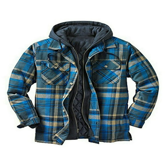 Men‘s Hooded Quilted Lined Flannel Shirt Jacket Long Sleeve Plaid Zipper Button Up Coat Outwear