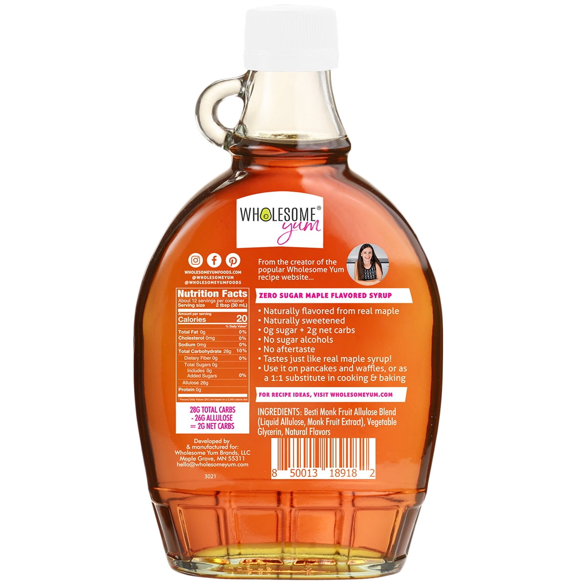 Wholesome Yum Zero Sugar Maple Syrup - Sugar Free Pancake Syrup with Monk Fruit & Allulose, 12 fl oz Glass Bottle