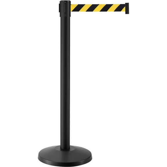 Global Industrial Retractable Belt Barrier, 40" Black Post, 7-1/2' Black/Yellow Belt, Qty 2
