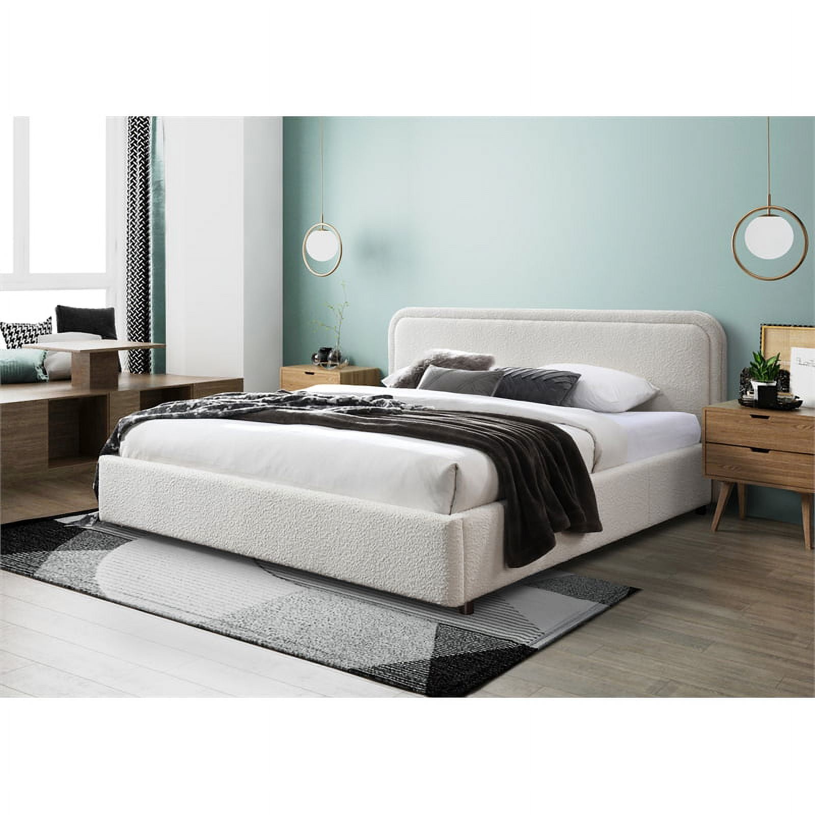 Omax Decor Chloe Upholstered Platform Queen Bed in White Boucle Fabric