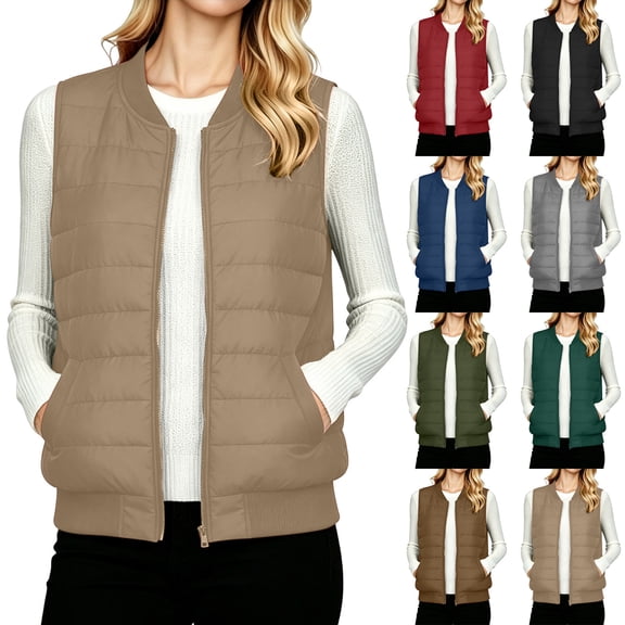 Womens Crewneck Quilted Vest Zip Up Padded Sleeveless Quilted Coat Outerwear with Pockets for Fall Winter Outdoor Casual Daily Wear