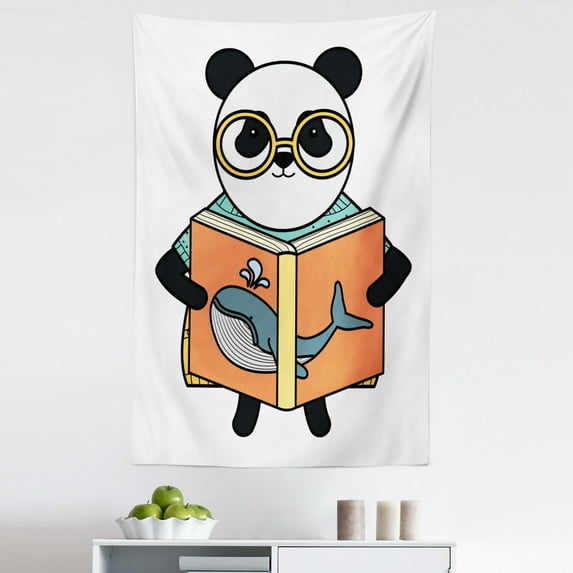 Bears Tapestry, Panda with Glasses Reading a Book About Whales Knowledge Illustration, Fabric Wall Hanging Decor for Bedroom Living Room Dorm, 5 Sizes, White Dark Peach, by Ambesonne