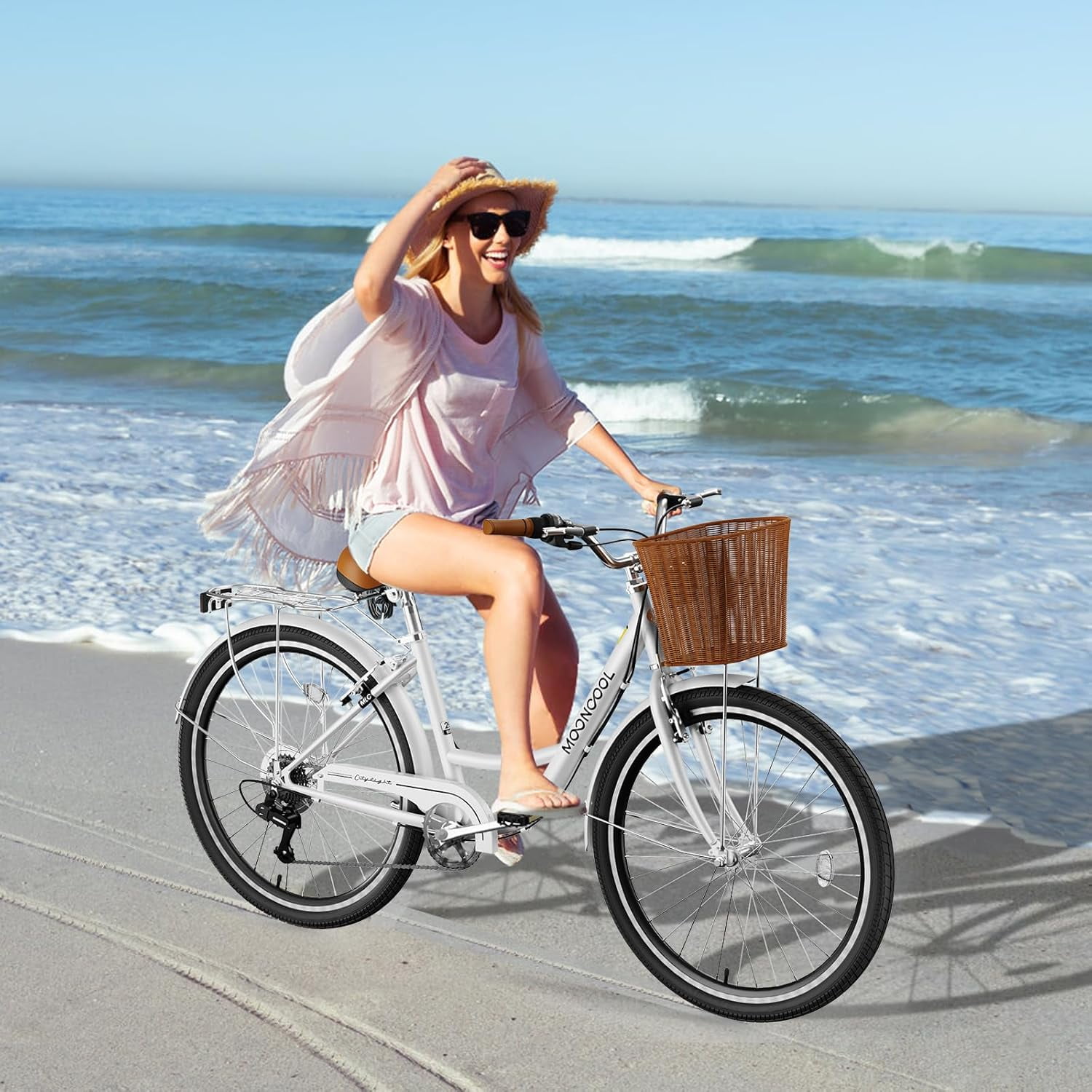 Classic Women Commute Bike with Basket, 24" Shimano 7 Speeds Adult Cruiser Bicycle for Ladies - Hi-Ten Steel Frame - Ideal for Urban Commuting and Beach Rides