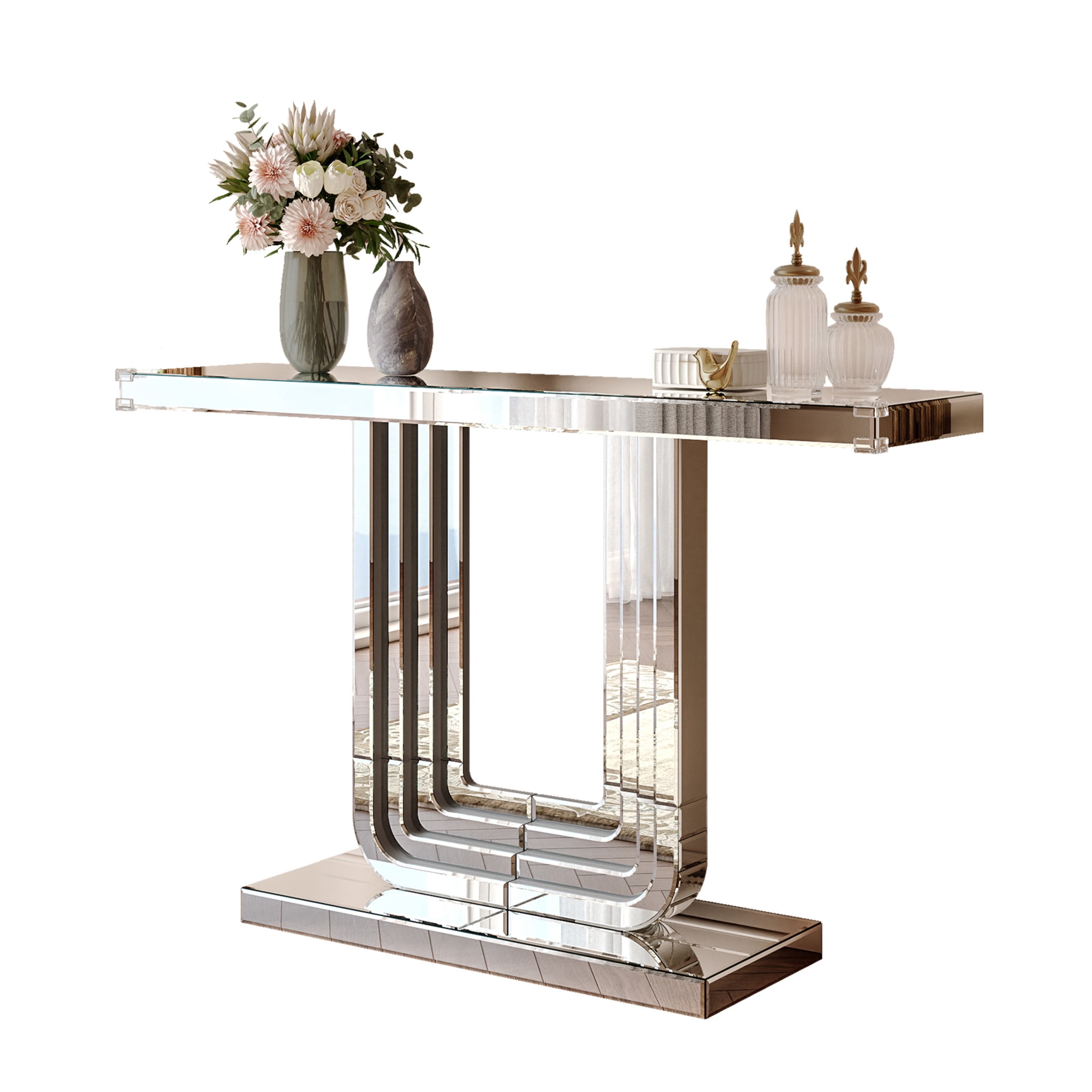 Noble house Mirrored Console Table, Silver Entryway Table with U-Base and Hand-Spliced Line Design,Silver