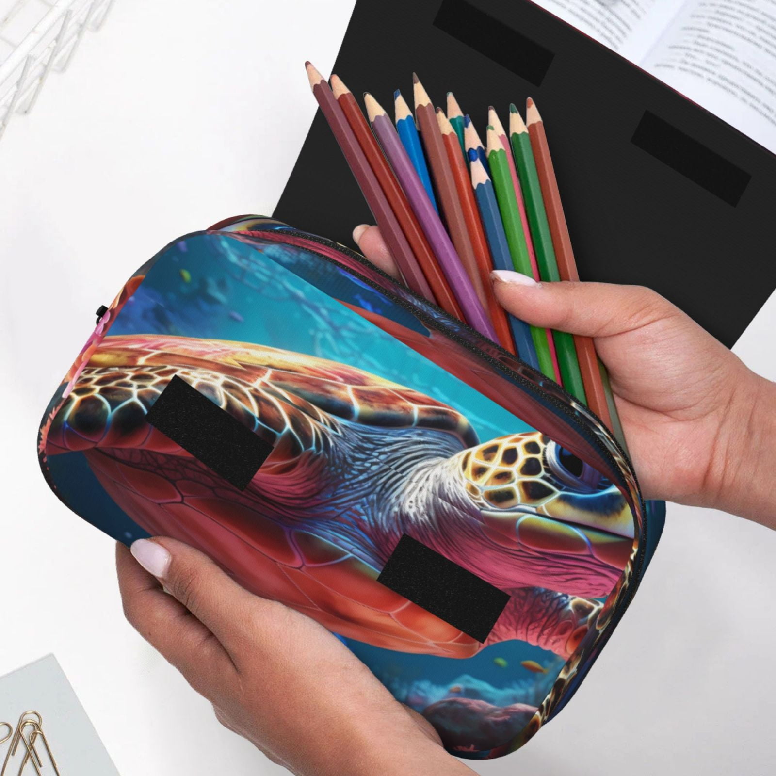 Rateoe Colorful Ocean Sea Turtle Pattern Double Clamshell Pen Case, Storage Organizer with Two Zipper Compartments– Holds Up to 50 Pencils & Pens