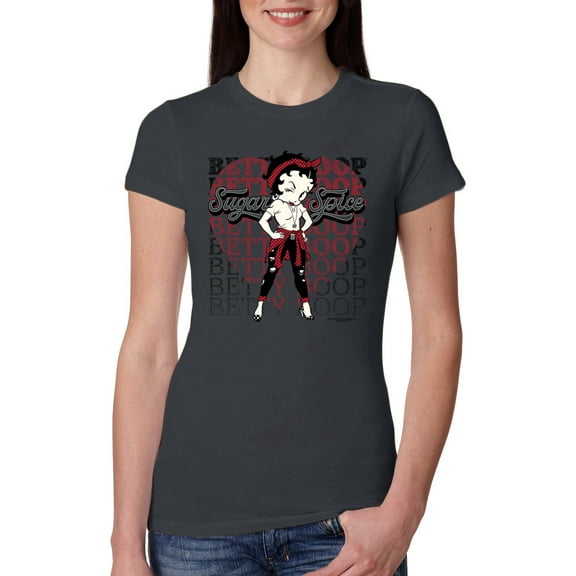 Wild Bobby, Betty Boop Sugar and Spice Wink Betty Boop Womens Slim Fit Junior Tee, Dark Grey, Medium