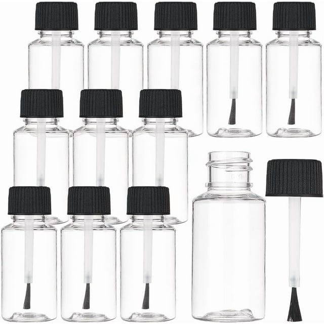 20 paquetes de botellas de plástico de 20 ml (0,68 onzas líquidas) con aplicador de pincel y tapa negra, vacías y rellenables para retoques de esmalte de uñas con pincel.