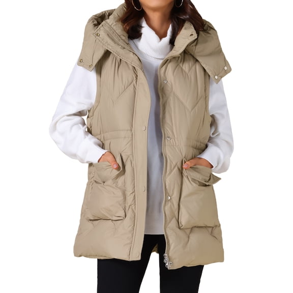 DARING DIVA Women's Puffer Vest Coat Hooded Zip Up Long Sleeveless Jacket S Khaki