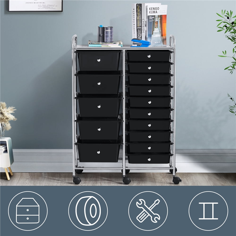 Alden Design 15 Drawers Metal Frame Storage Cart, with Lockable Wheels, Black