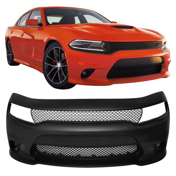Ikon Motorsports Front Bumper Cover Conversion Replacement W/Fog Lamps For 2015-2023 Dodge Charger, Unpainted PP SRT Hellcat Style 5PP39TZZ 682255