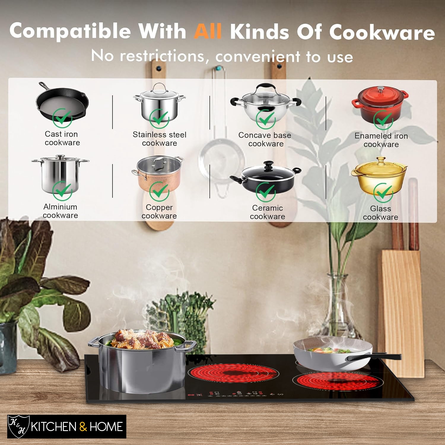 K&H German Designed 5 Burner 30 inch Built-in Electric Stove Top Radiant Ceramic Kitchen Cooktop Touch Control 240V 9000W CE30-8808NF