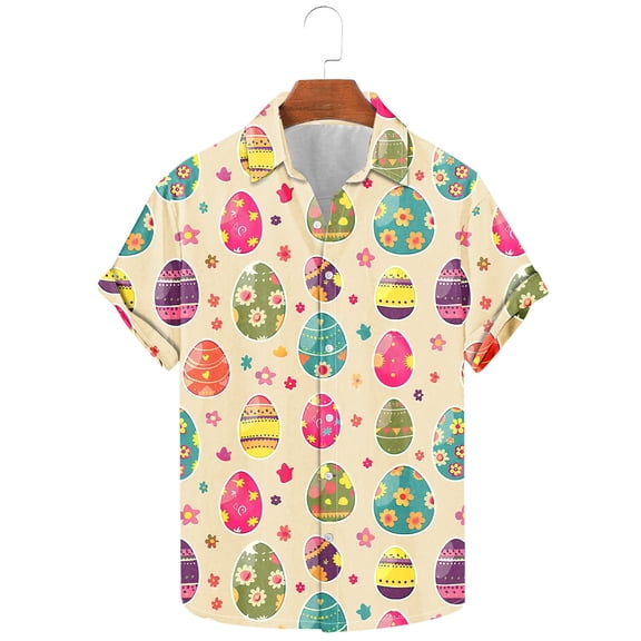 Yaoyar Men's Easter Holiday Print Short Sleeve Button Down Lapel Shirt,Spring Summer Style Breathable Tee Seaside Beach Shirt