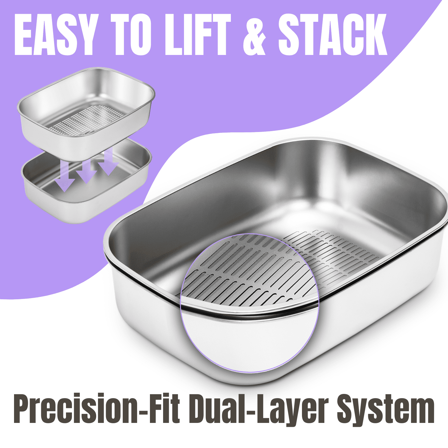 Furrbby Stainless Steel Sifting Litter Box with Lid for Big & Multi Cat, Easy Clean, with Scoop, Grey