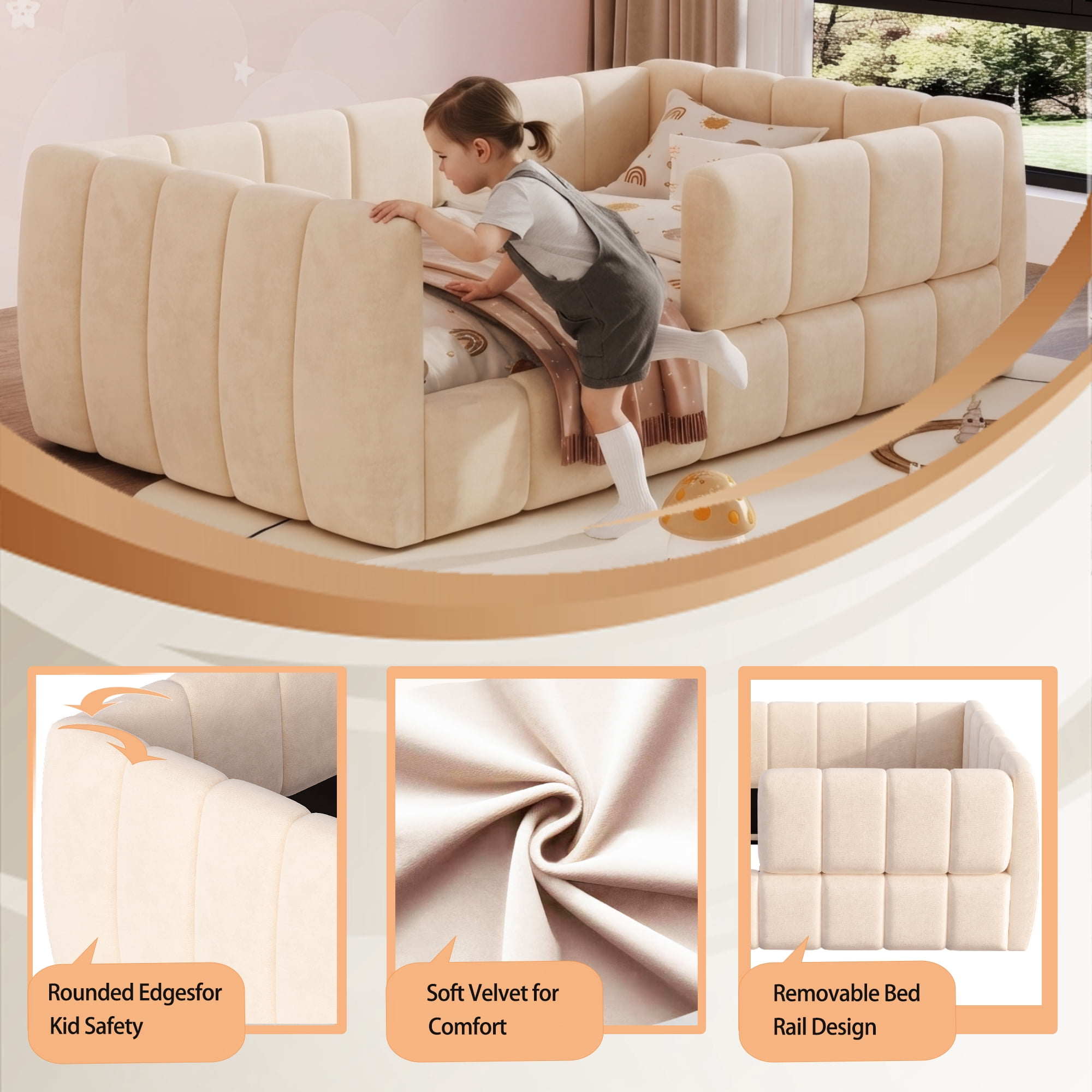 Euroco Upholstery Toddler Floor Bed with Guardrails, Beige