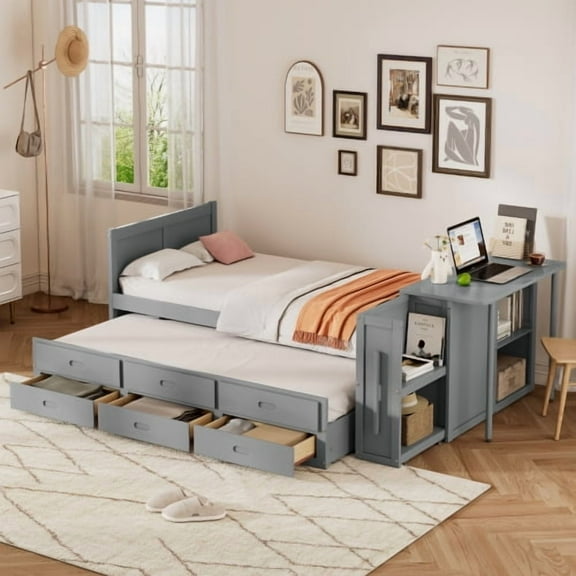 imerelez Twin Size Multifunctional Wood Platform Bed with Desk and Storage Shelf at the End of the Bed, Built-in Trundle and 3 Drawers, Gray