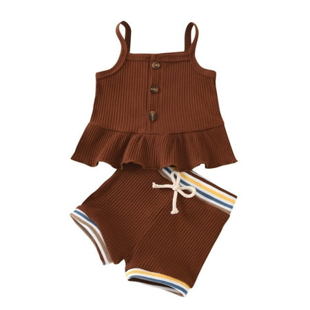 

simu Valentines Day Girls Outfits Stripe Suspenders Solid Shorts Tops Set Baby Outfits Dress Girls Girls Outfits&Set for Birthday Wedding